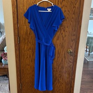 DKNY Cobalt Blue Wrap Midi Dress with Flutter Sleeves